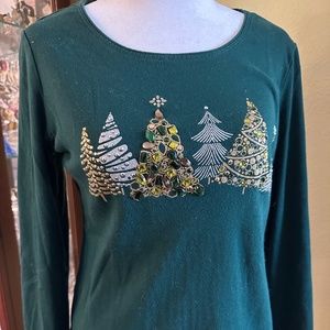 Karen Scott S Christmas Tree Printed Top Spruce Night Dark Green 100% Cotton